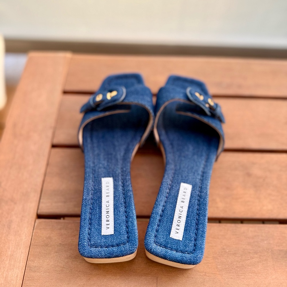 Veronica Beard Denim Buckle Slide Mules in Blue - Picture 3 of 4